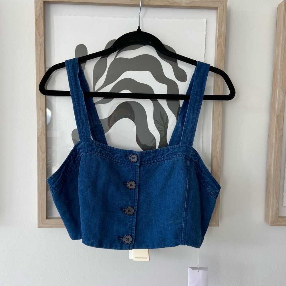 Blue Denim Button-Up Crop Top - L